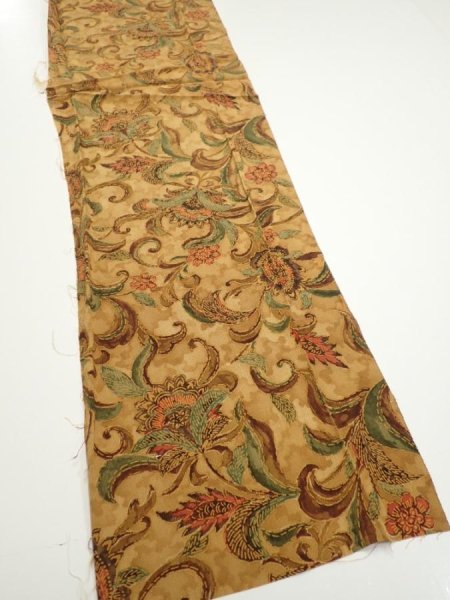 Photo2: 2C06z60  Japanese Kimono Silk  FABRIC Flowers Brown 53.5x10.2 (2)