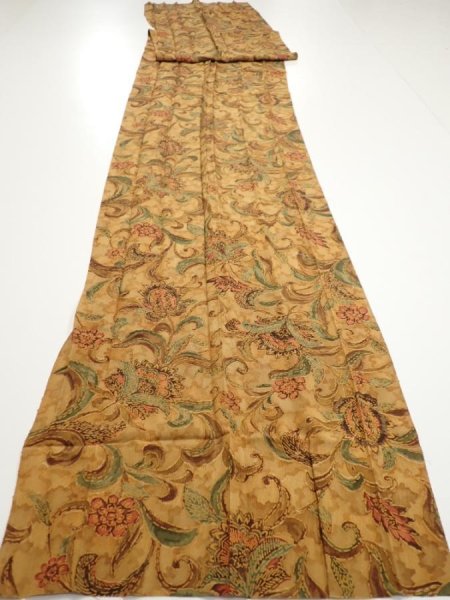 Photo1: 2C07z110  Japanese Kimono Silk  FABRIC Flowers Brown 83.5x14.4 (1)