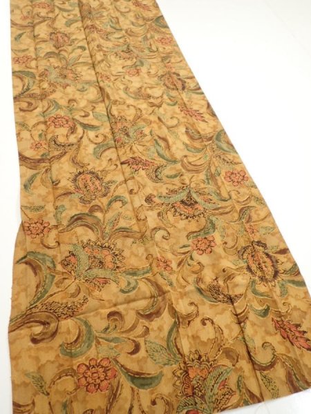 Photo5: 2C07z110  Japanese Kimono Silk  FABRIC Flowers Brown 83.5x14.4 (5)