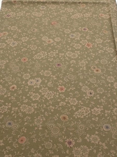 Photo1: 2C01z50  Japanese Kimono Silk  FABRIC Flowers Dark olive 39.0x14.4 (1)