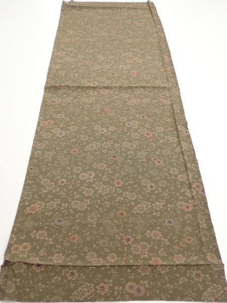 Photo5: 2C01z50  Japanese Kimono Silk  FABRIC Flowers Dark olive 39.0x14.4 (5)