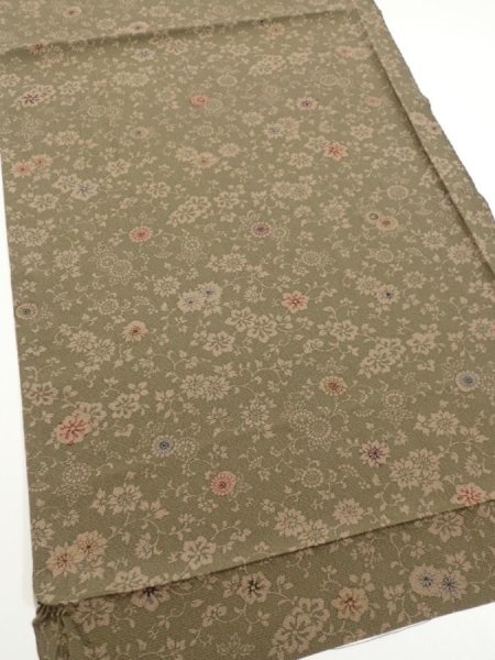 Photo2: 2C02z60  Japanese Kimono Silk  FABRIC Flowers Dark olive 38.6x14.4 (2)