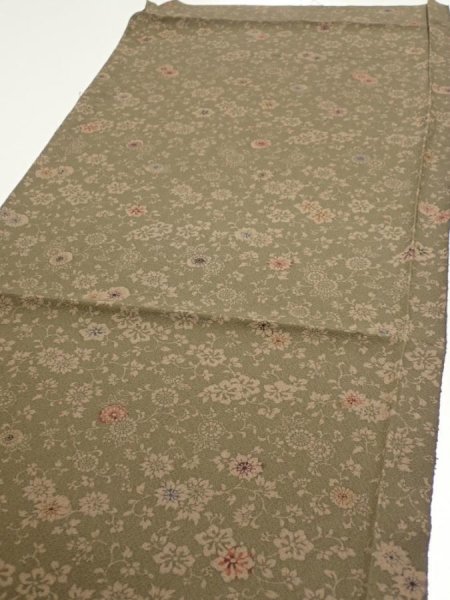 Photo3: 2C02z60  Japanese Kimono Silk  FABRIC Flowers Dark olive 38.6x14.4 (3)