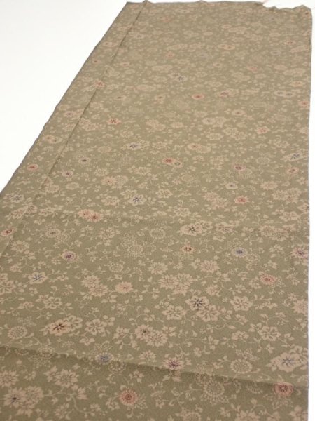 Photo3: 2C03z70  Japanese Kimono Silk  FABRIC Flowers Dark olive 46.5x14.4 (3)
