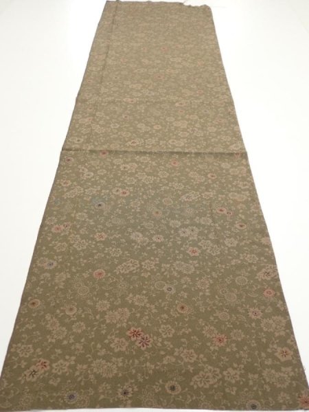 Photo5: 2C03z70  Japanese Kimono Silk  FABRIC Flowers Dark olive 46.5x14.4 (5)