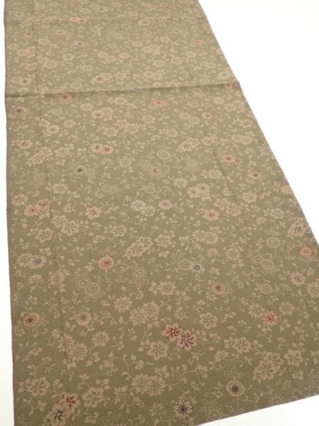 Photo2: 2C04z70  Japanese Kimono Silk  FABRIC Flowers Dark olive 46.5x14.4 (2)