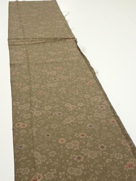 Photo3: 2C06z50  Japanese Kimono Silk  FABRIC Flowers Dark olive 52.0x10.4 (3)