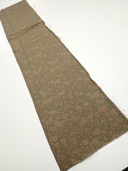 Photo5: 2C06z50  Japanese Kimono Silk  FABRIC Flowers Dark olive 52.0x10.4 (5)