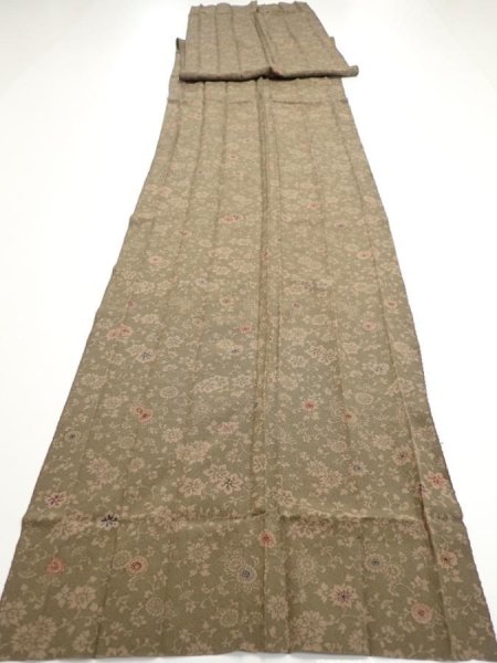 Photo1: 2C07z110  Japanese Kimono Silk  FABRIC Flowers Dark olive 81.9x14.4 (1)