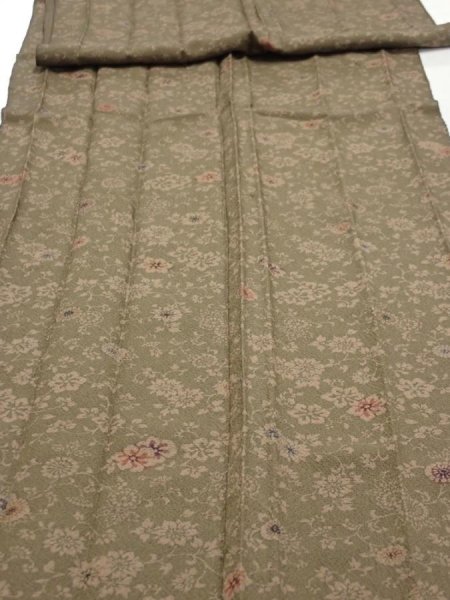 Photo2: 2C07z110  Japanese Kimono Silk  FABRIC Flowers Dark olive 81.9x14.4 (2)