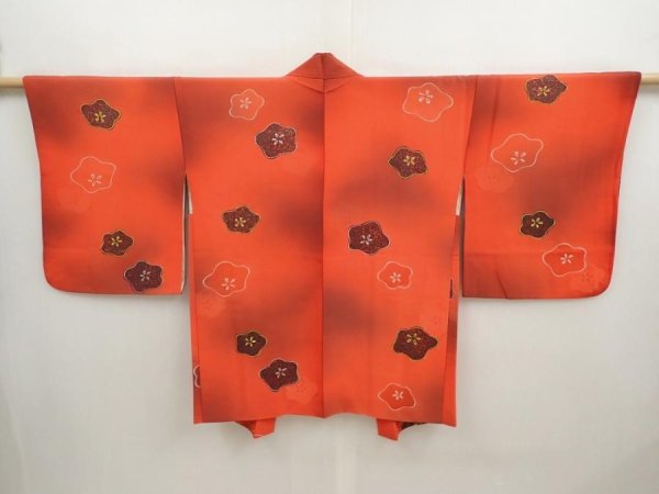 Photo1: 6721T03z590 Vintage Japanese Kimono Silk HAORI Flower Tomato red (1)