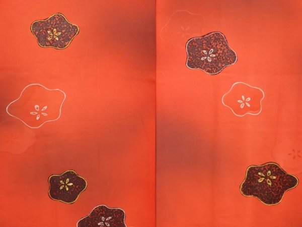 Photo3: 6721T03z590 Vintage Japanese Kimono Silk HAORI Flower Tomato red (3)