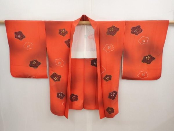 Photo5: 6721T03z590 Vintage Japanese Kimono Silk HAORI Flower Tomato red (5)