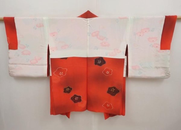 Photo7: 6721T03z590 Vintage Japanese Kimono Silk HAORI Flower Tomato red (7)