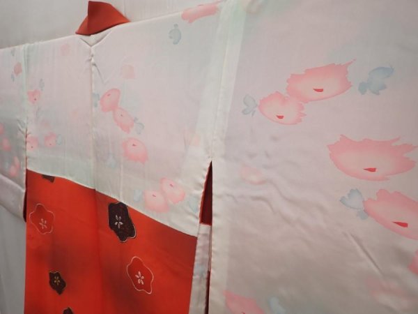 Photo8: 6721T03z590 Vintage Japanese Kimono Silk HAORI Flower Tomato red (8)