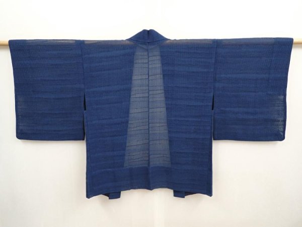 Photo1: 6721T05z370 Vintage Japanese Kimono Silk See through HAORI  Dark blue (1)