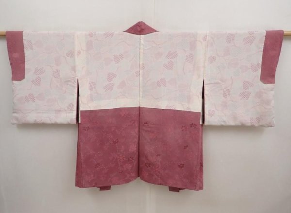 Photo6: 6721T01z530 Vintage Japanese Kimono Silk HAORI Flower Dark pink (6)