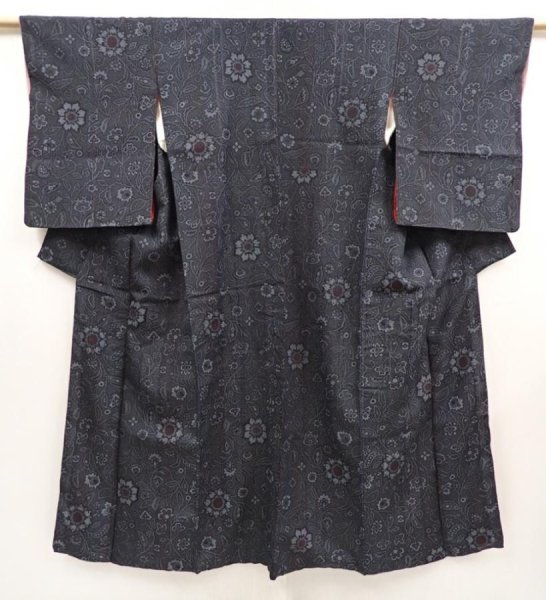 Photo1: 6721T11z680 Vintage Japanese Kimono Silk TSUMUGI Flower Gray (1)