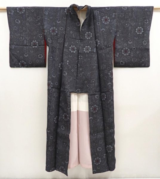 Photo8: 6721T11z680 Vintage Japanese Kimono Silk TSUMUGI Flower Gray (8)