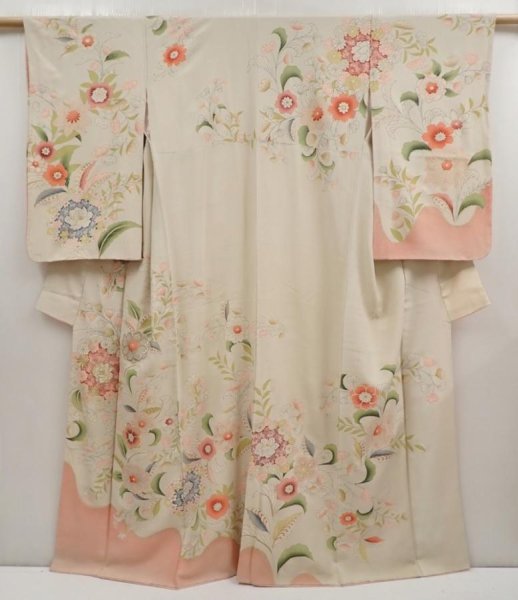 Photo1: 6721T12z860 Vintage Japanese Kimono Silk TSUKESAGE Flowers Sand beige (1)