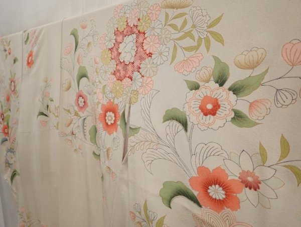 Photo2: 6721T12z860 Vintage Japanese Kimono Silk TSUKESAGE Flowers Sand beige (2)