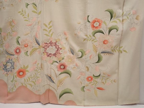 Photo7: 6721T12z860 Vintage Japanese Kimono Silk TSUKESAGE Flowers Sand beige (7)