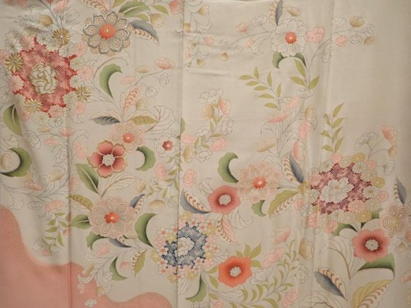 Photo8: 6721T12z860 Vintage Japanese Kimono Silk TSUKESAGE Flowers Sand beige (8)