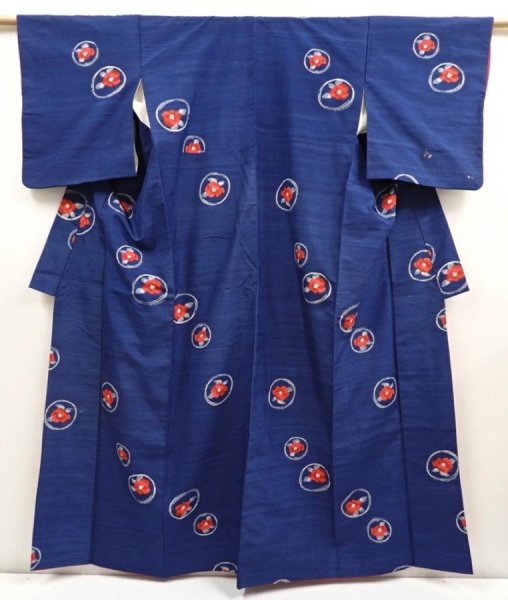 Photo1: 6721T13z850 Vintage Japanese Kimono Silk TSUMUGI Flower Royal blue (1)