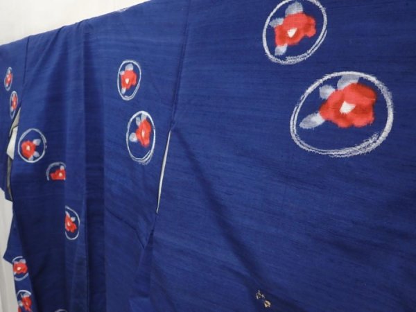 Photo2: 6721T13z850 Vintage Japanese Kimono Silk TSUMUGI Flower Royal blue (2)