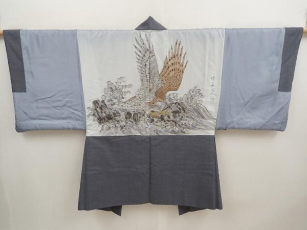 Photo1: 6722T01z620 Vintage Japanese Kimono Wool Men's HAORI Hawk Gray (1)