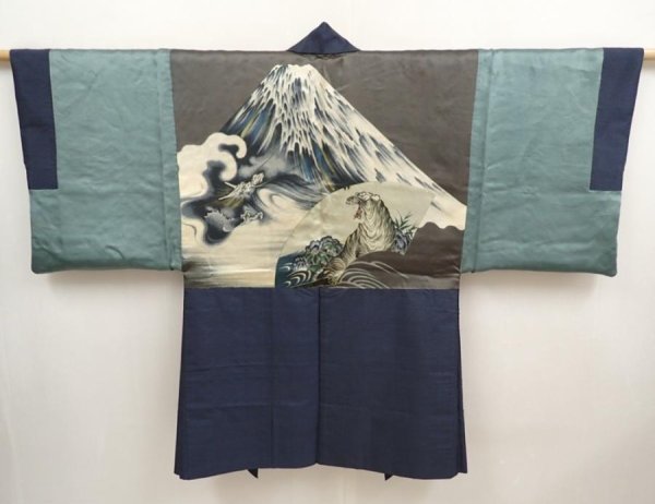 Photo1: 6722T03z510 Vintage Japanese Kimono Silk Men's OSHIMA HAORI Tiger Blue-Gray (1)