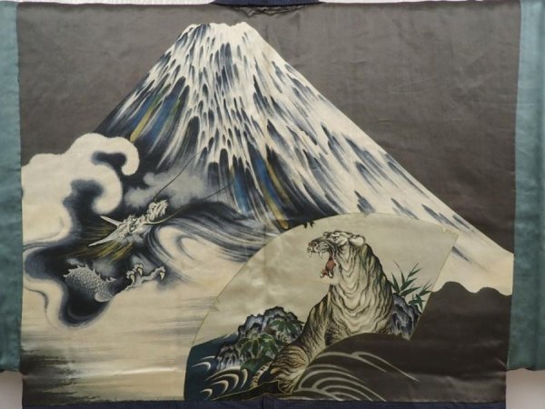 Photo3: 6722T03z510 Vintage Japanese Kimono Silk Men's OSHIMA HAORI Tiger Blue-Gray (3)
