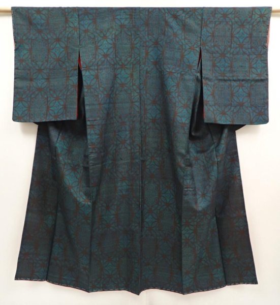Photo1: 6722T07z490 Vintage Japanese Kimono Silk TSUMUGI  Deep cyan (1)