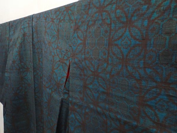 Photo2: 6722T07z490 Vintage Japanese Kimono Silk TSUMUGI  Deep cyan (2)