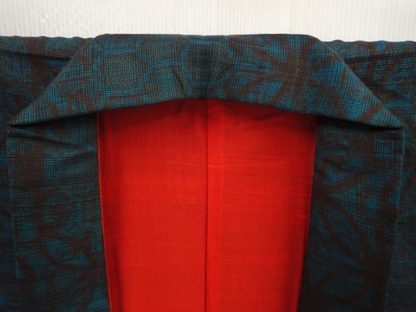 Photo7: 6722T07z490 Vintage Japanese Kimono Silk TSUMUGI  Deep cyan (7)