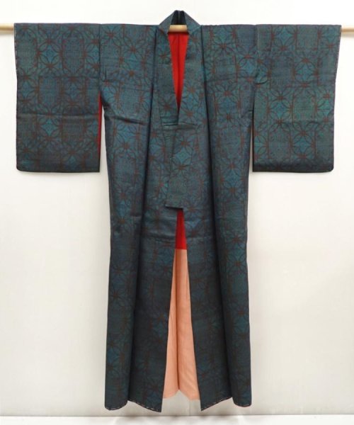 Photo8: 6722T07z490 Vintage Japanese Kimono Silk TSUMUGI  Deep cyan (8)