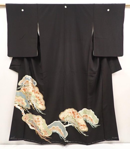 Photo1: 6722T08z930 Vintage Japanese Kimono Silk TOMESODE Pine Black (1)