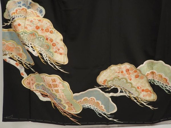 Photo5: 6722T08z930 Vintage Japanese Kimono Silk TOMESODE Pine Black (5)
