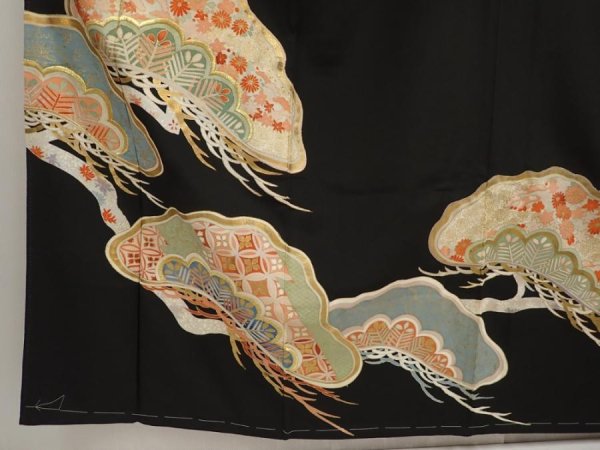 Photo6: 6722T08z930 Vintage Japanese Kimono Silk TOMESODE Pine Black (6)