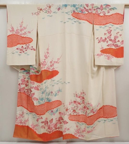 Photo1: 6722T09z990 Vintage Japanese Kimono Silk TSUKESAGE Flowers Off-white (1)