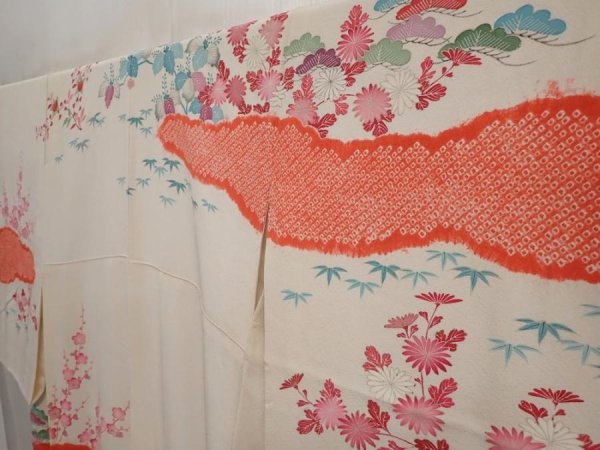 Photo2: 6722T09z990 Vintage Japanese Kimono Silk TSUKESAGE Flowers Off-white (2)