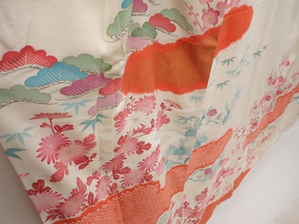 Photo3: 6722T09z990 Vintage Japanese Kimono Silk TSUKESAGE Flowers Off-white (3)