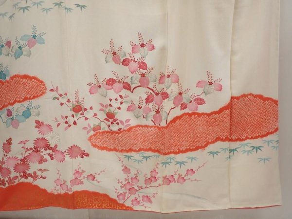 Photo7: 6722T09z990 Vintage Japanese Kimono Silk TSUKESAGE Flowers Off-white (7)