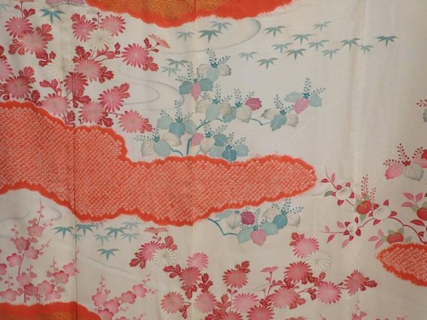 Photo8: 6722T09z990 Vintage Japanese Kimono Silk TSUKESAGE Flowers Off-white (8)