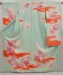 Photo1: 6722T10z920 Vintage Japanese Kimono Silk FURISODE Peony Light blue (1)