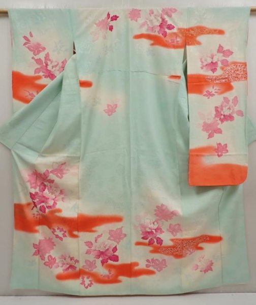 Photo1: 6722T10z920 Vintage Japanese Kimono Silk FURISODE Peony Light blue (1)
