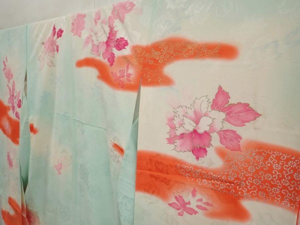 Photo2: 6722T10z920 Vintage Japanese Kimono Silk FURISODE Peony Light blue (2)