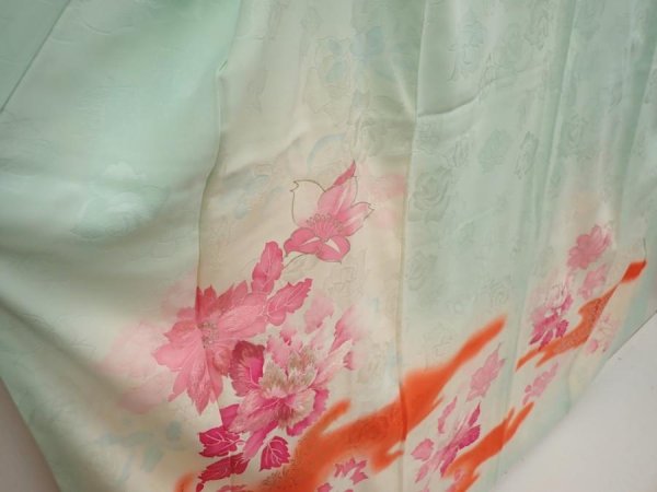 Photo3: 6722T10z920 Vintage Japanese Kimono Silk FURISODE Peony Light blue (3)