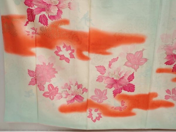 Photo6: 6722T10z920 Vintage Japanese Kimono Silk FURISODE Peony Light blue (6)