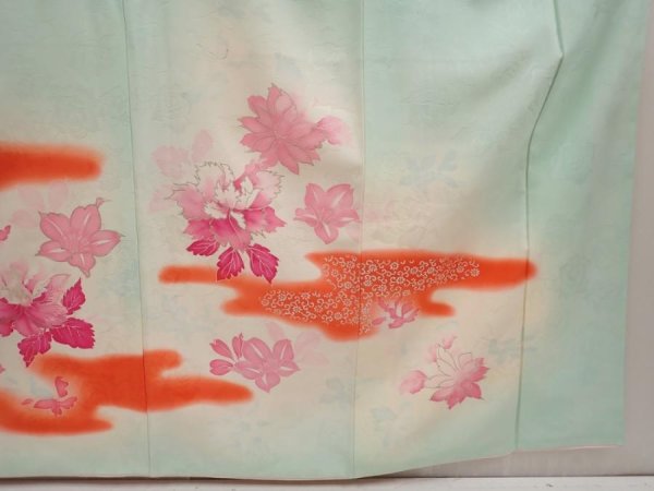 Photo7: 6722T10z920 Vintage Japanese Kimono Silk FURISODE Peony Light blue (7)